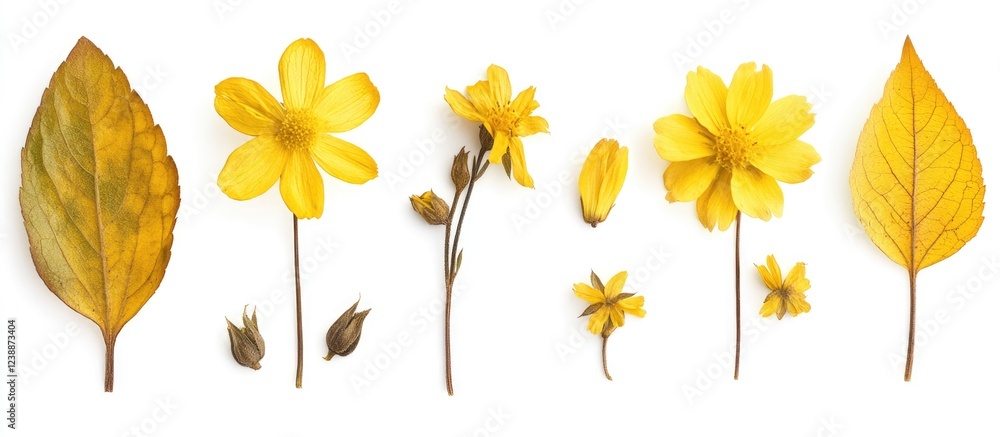 Aufkleber yellow flowers and leaves arranged in a row on white background with ample space for text copy space