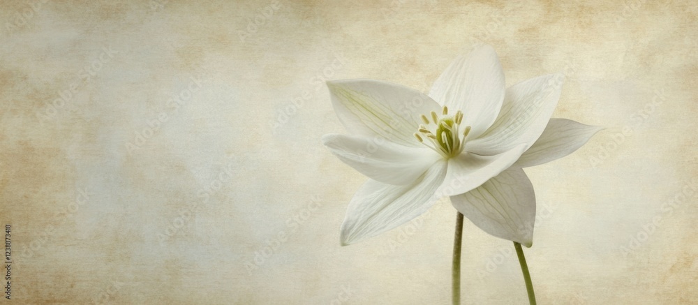 Poster white flower with delicate petals on textured beige background with copy space for text. elegant min