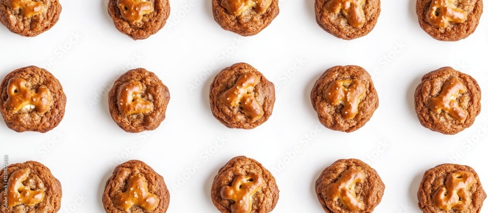 Poster baked chocolate chip cookies arranged in a grid pattern on a white background with ample copy space 