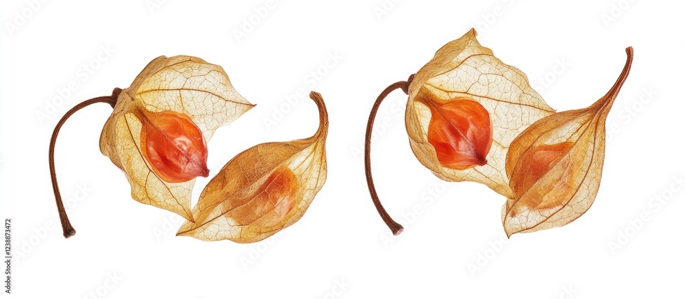 Poster delicate physalis fruits encased in dried translucent leaves on a white background with copy space f