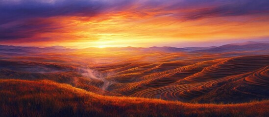 Obraz premium Colorful sunset over rolling hills with layered landscapes and dramatic clouds in a scenic natural setting with warm tones and open space. Copy Space