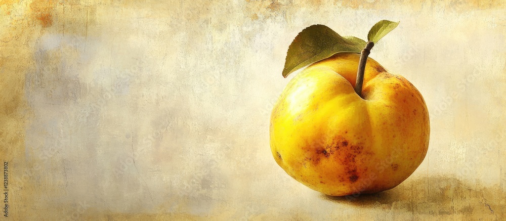 Poster yellow apple with a leaf on a textured background copy space