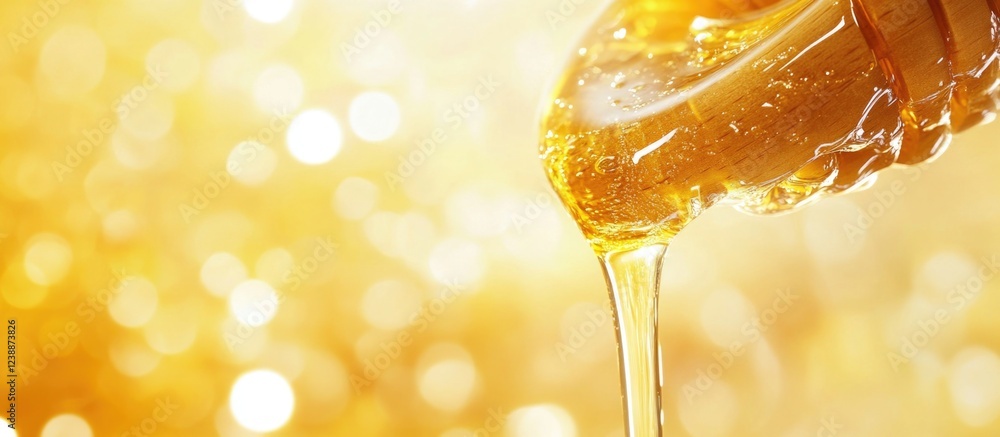 Poster honey pouring from a glass jar with a blurred golden background and bokeh effect featuring copy spac