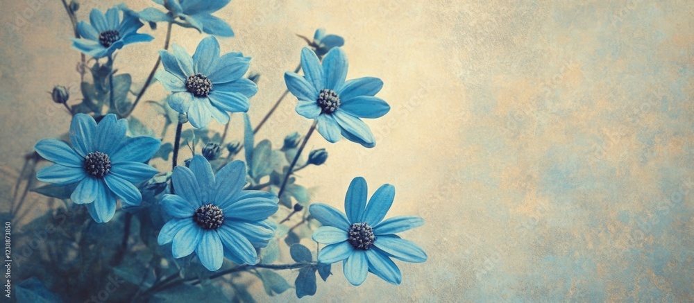 Poster blue flowers with soft petals arranged artistically against a textured background with copy space fo