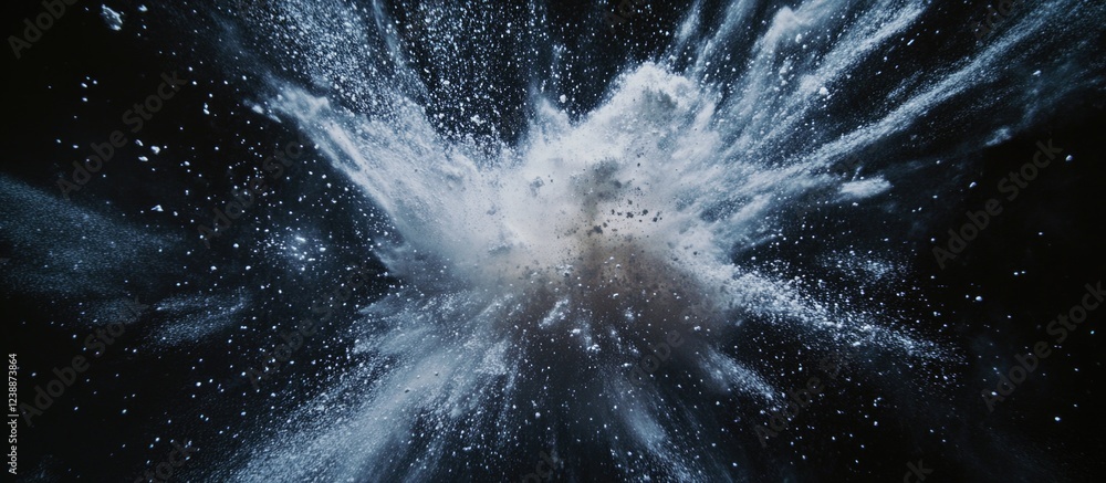 Aufkleber powder explosion on black background creating dynamic shapes and textures with particles flying in v