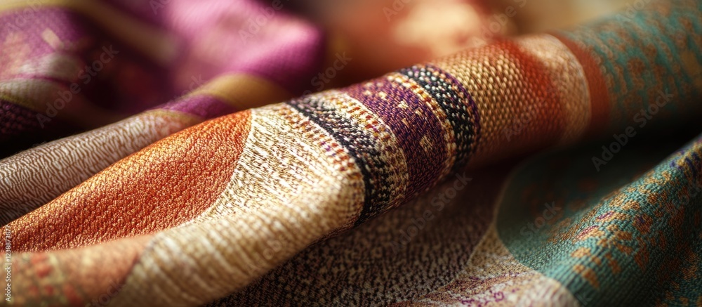 Poster colorful woven fabric texture with intricate patterns and folds showcasing rich textile design and d
