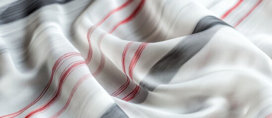 Striped fabric texture in white, gray and red colors with soft folds and creases ideal for backgrounds Copy Space