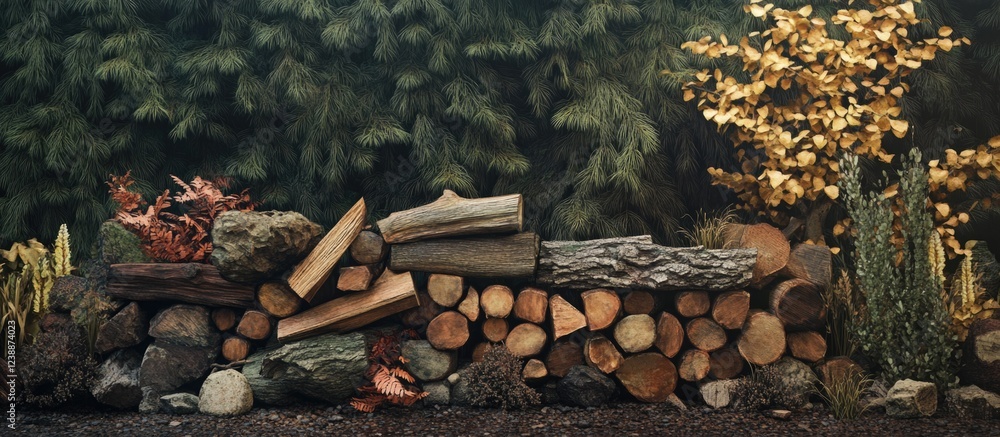 Poster stacked firewood with various sizes and textures in a natural setting with green foliage and autumn 