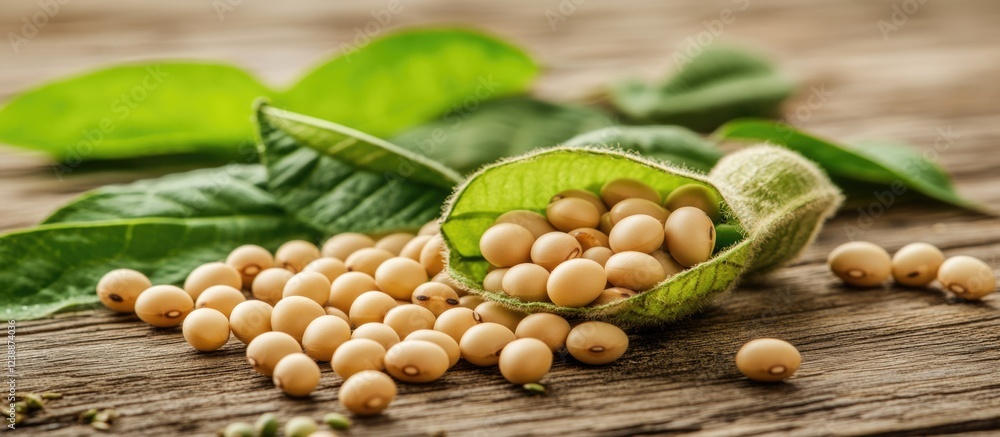 Aufkleber soybeans in a pod with fresh green leaves on rustic wooden surface with copy space for text placemen