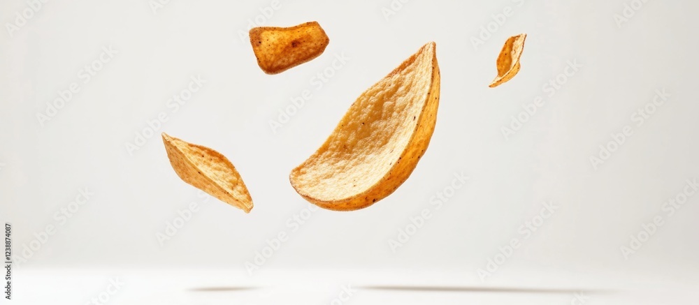 Aufkleber flying potato chips isolated on light background with motion effect and copy space for text or adver