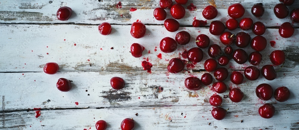 Aufkleber fresh red cherries scattered on a rustic wooden table with copy space for text placement