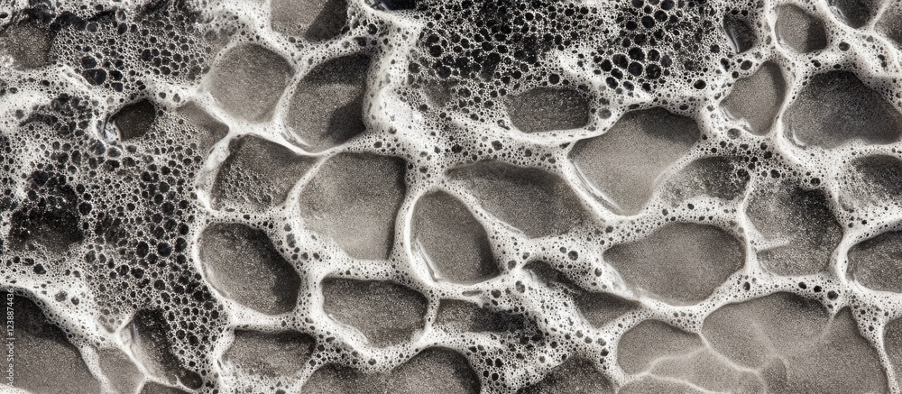 Poster close-up view of ocean foam bubbles creating abstract pattern on sandy beach surface black and white
