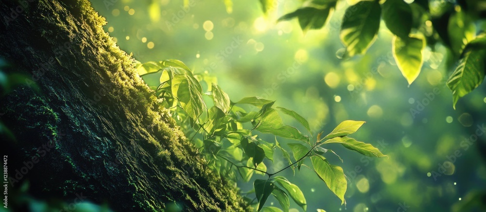Poster lush green foliage with light bokeh sparkling through leaves on a mossy tree trunk in a forest envir