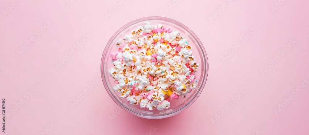 Poster colorful popcorn in a transparent bowl on a pink background with a minimalistic design and ample cop