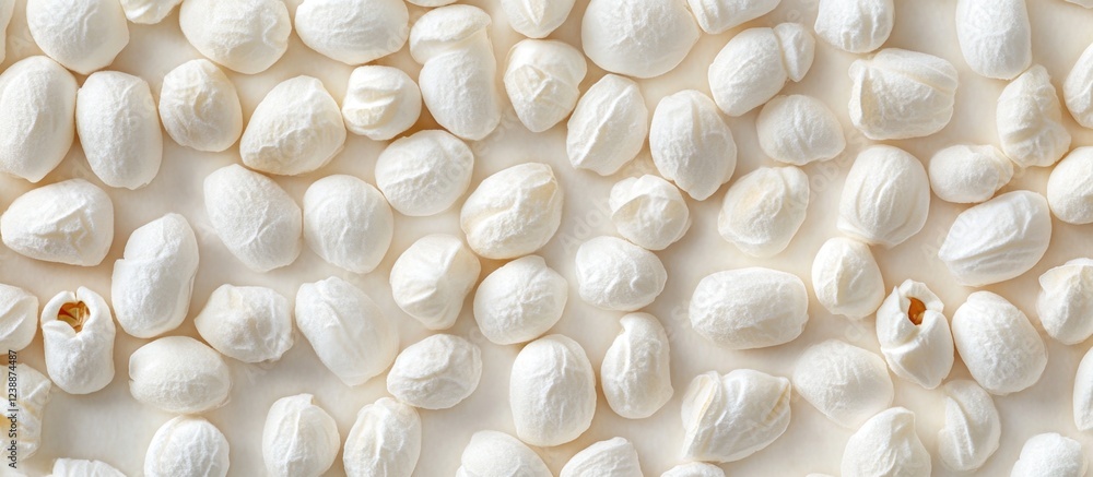 Poster white popcorn kernels arranged on a light background with copy space for text placement