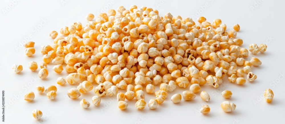 Poster pile of popped popcorn kernels on white background with ample space for text or branding. copy space