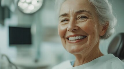confident elderly patient with radiant smile examining dental work in modern clinic, warm lighting highlighting natural expression of relief and satisfaction