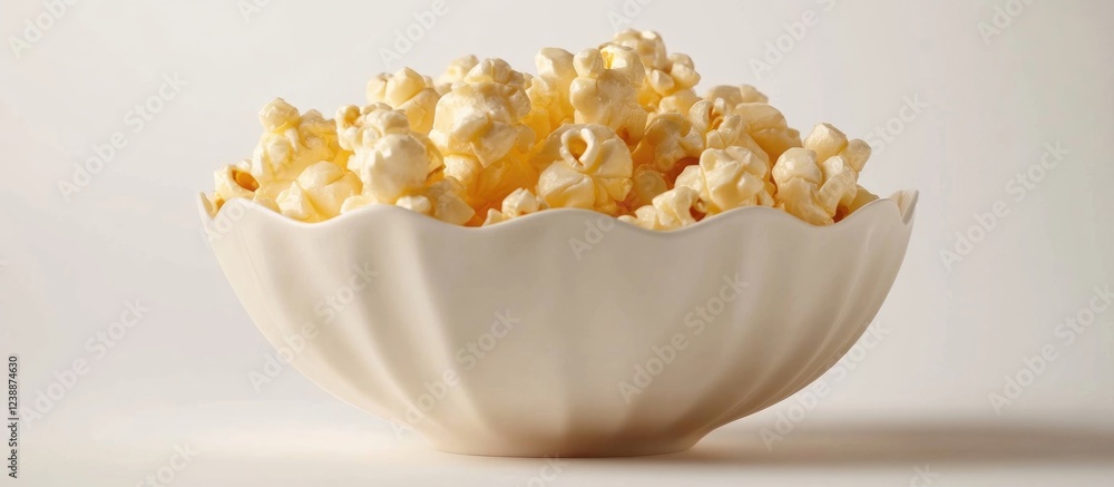 Poster bowl of buttered popcorn on a neutral background with ample space for text copy space