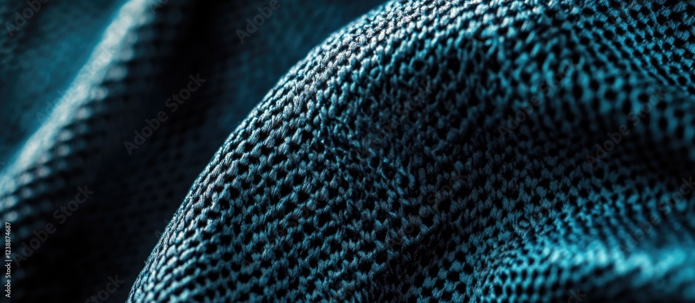 Poster close-up of woven fabric texture in deep turquoise color with intricate patterns and soft folds copy
