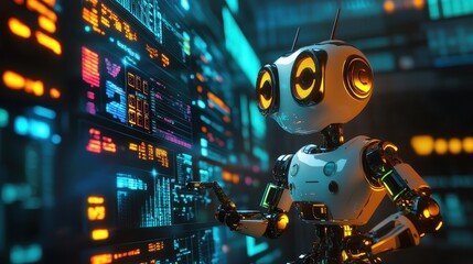 Fototapeta premium Smart investments, robotic assistant analyzing stocks, 3D illustration.