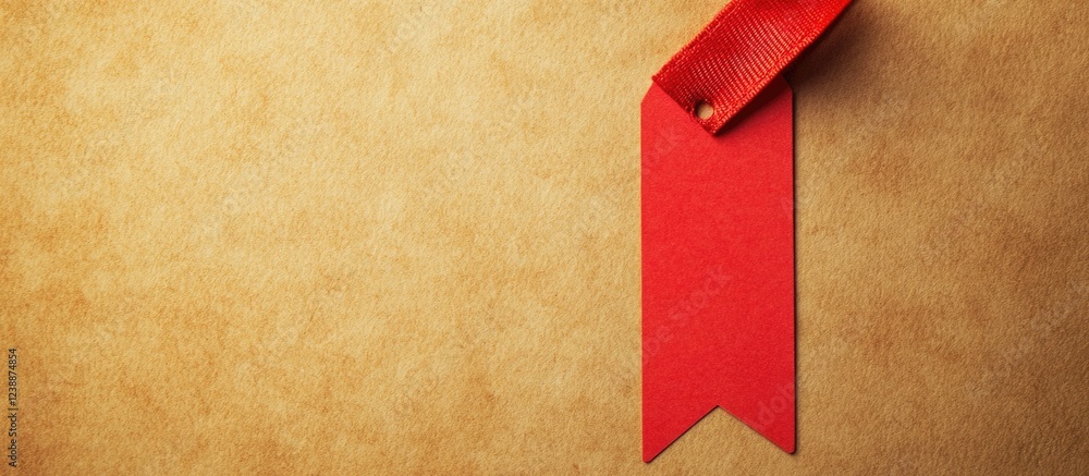 Poster red decorative tag on brown textured paper background with space for text copy space