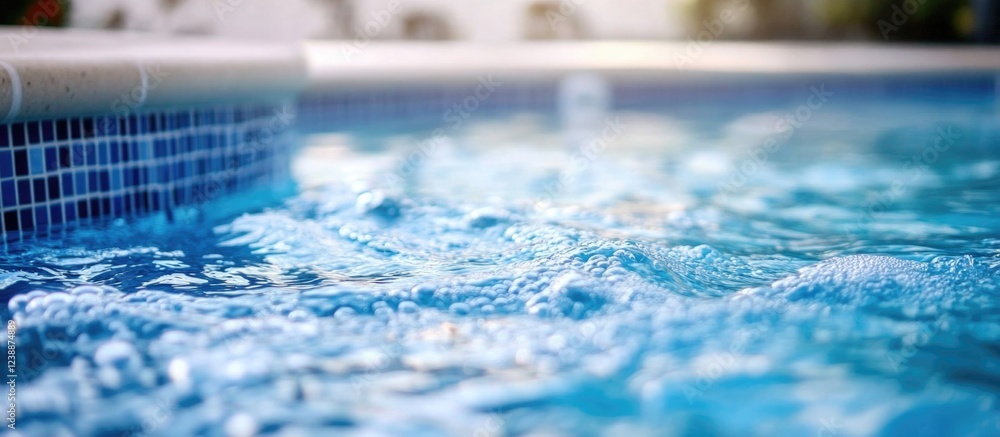 Poster clear blue water surface with bubbles and ripples in a swimming pool setting with tiled edges and so