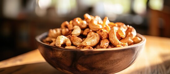 Obraz premium Bowl of crunchy roasted cashews on wooden table with warm sunlight and blurred background Copy Space