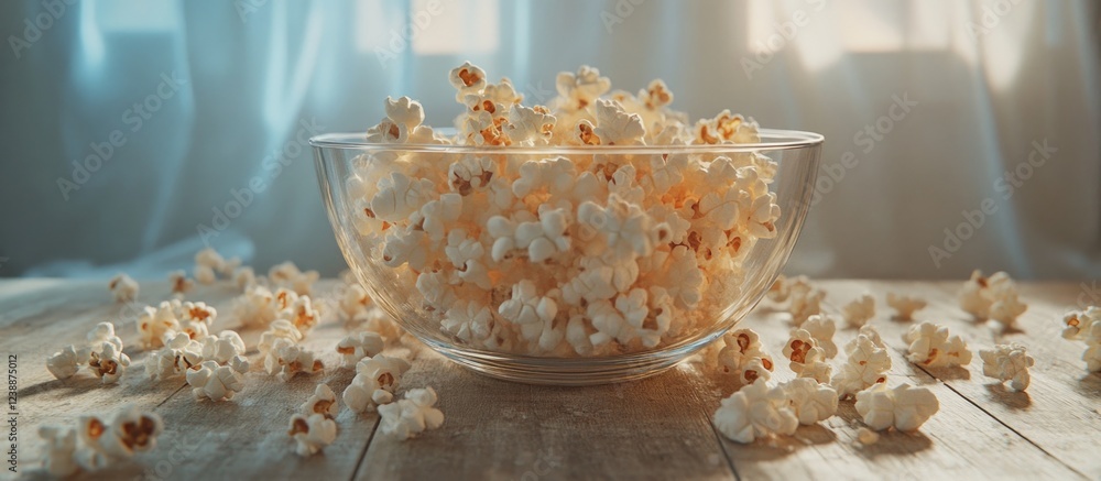 Poster freshly popped popcorn in a clear glass bowl with scattered kernels on rustic wooden surface against