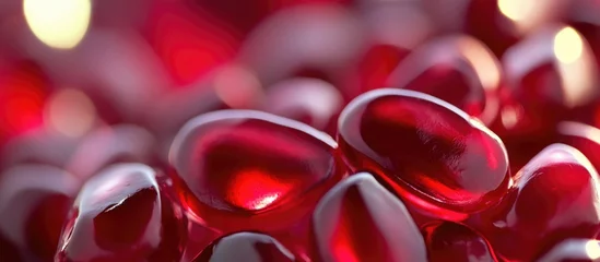 Red gelatinous candies close-up with a glossy surface and blurred colorful background suitable for food-related themes Copy Space