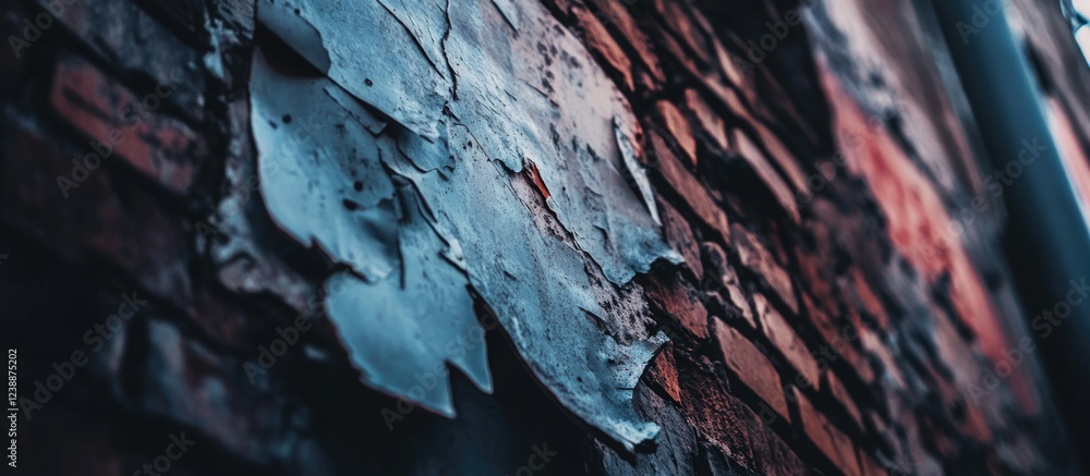Poster close-up of weathered brick wall with peeling paint and visible texture details suitable for backgro
