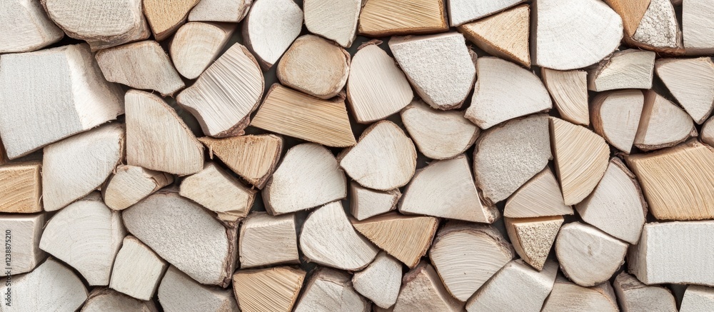Poster wooden logs stacked in a neat arrangement showcasing various shapes and sizes with light color tones