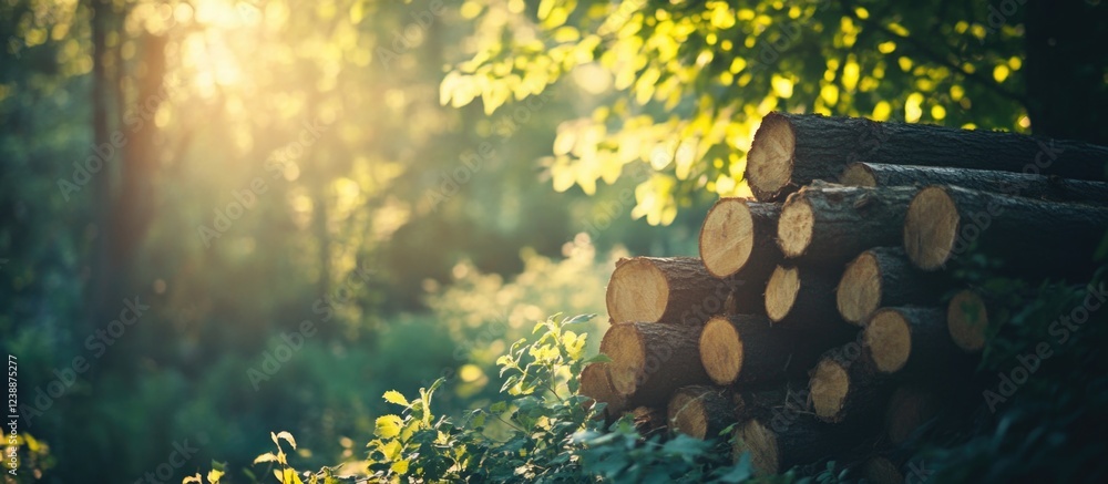 Poster sunlit forest scene with stacked logs surrounded by greenery and soft bokeh background highlighting 