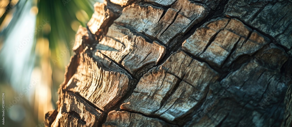 Poster close-up of palm tree bark texture illuminated by sunlight with foliage in background