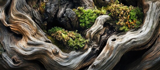Twisted and textured wood with vibrant moss and lichen growth showcasing natural patterns and earthy tones Copy Space