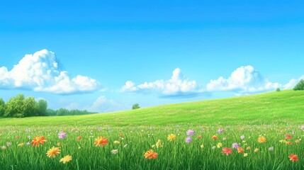 Obraz premium Vibrant Wildflower Meadow Under Blue Sky with Fluffy Clouds and Green Grass Hills