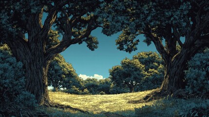 Pixel Art Forest Landscape: Two Large Trees Frame a Sunny Meadow