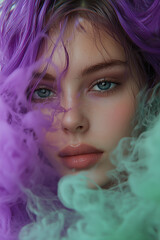 Glamorous Beauty Portrait of a Young Woman with Purple and Green Smokey Eyes and Colorful Smoke
