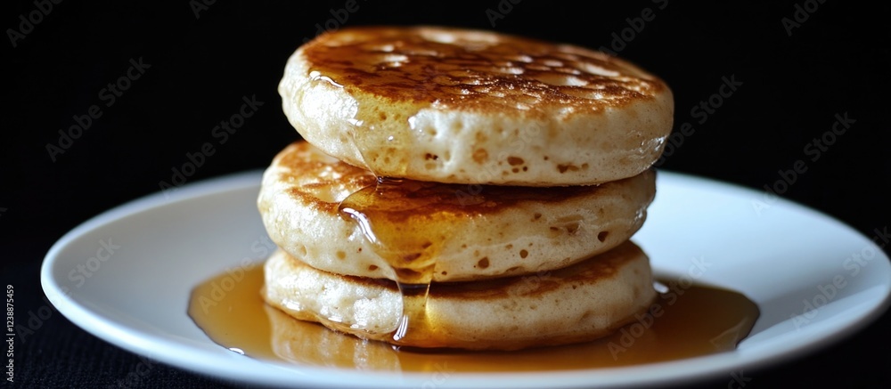 Poster stack of three fluffy pancakes drizzled with syrup on a white plate against a dark background with c