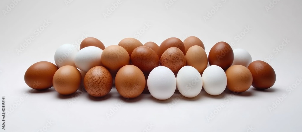Poster assorted brown and white eggs arranged on a neutral background with ample copy space for text placem