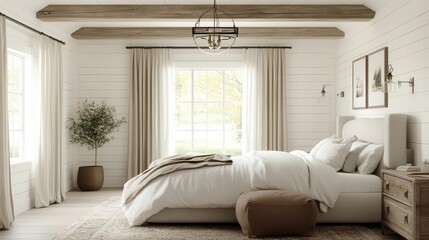 Fototapeta premium cozy farmhouse bedroom with soft linen bedding, whitewashed shiplap walls, vintage brass accents, natural light streaming through gauzy curtains, weathered wood beams overhead