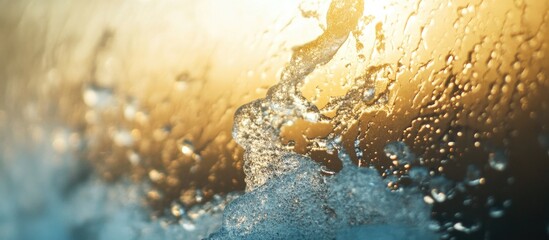Abstract ice and water condensation on glass with sunlight shining through