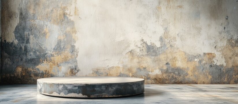 Grunge textured wall and circular platform in empty studio space with copy space for branding or product display.