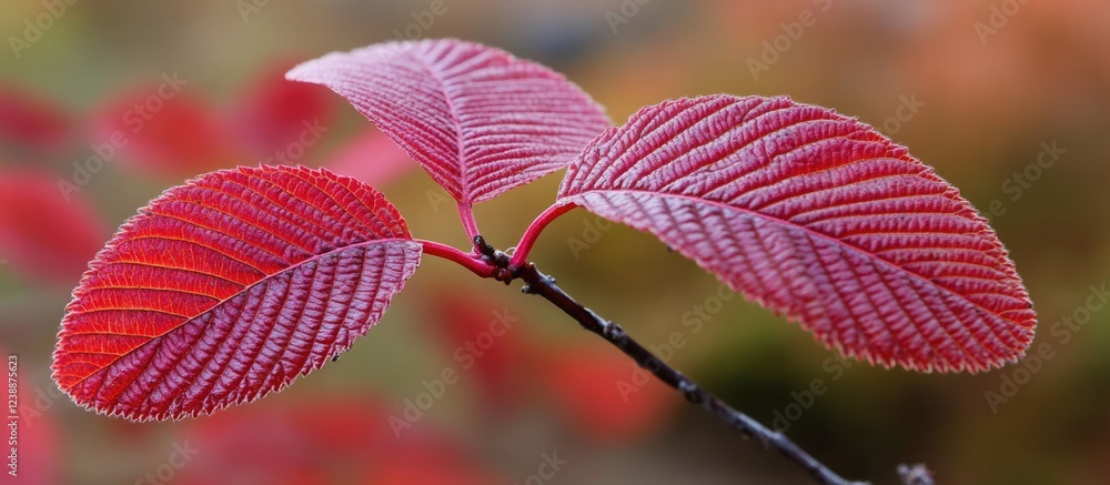 Poster close-up of vibrant red leaves on a branch with fine texture and blurred background in autumn colors