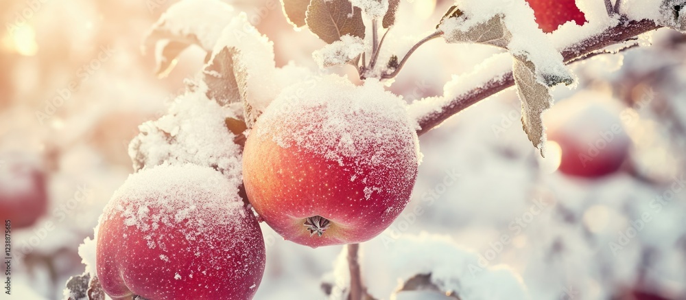 Poster red apples covered in snow on a branch in winter landscape with soft sunlight and blurred background