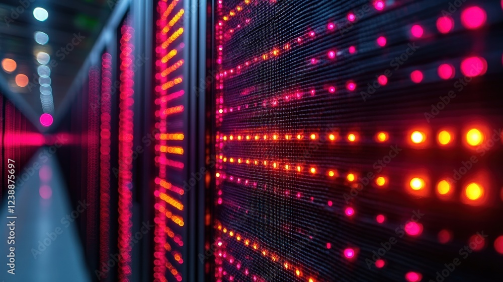 Poster colorful led lights illuminate rows of server racks in a modern data center environment