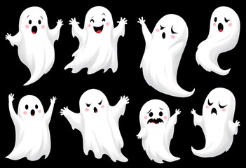 Naklejka premium Cute Halloween Ghost Clipart Set Cartoon Spooky Spirits