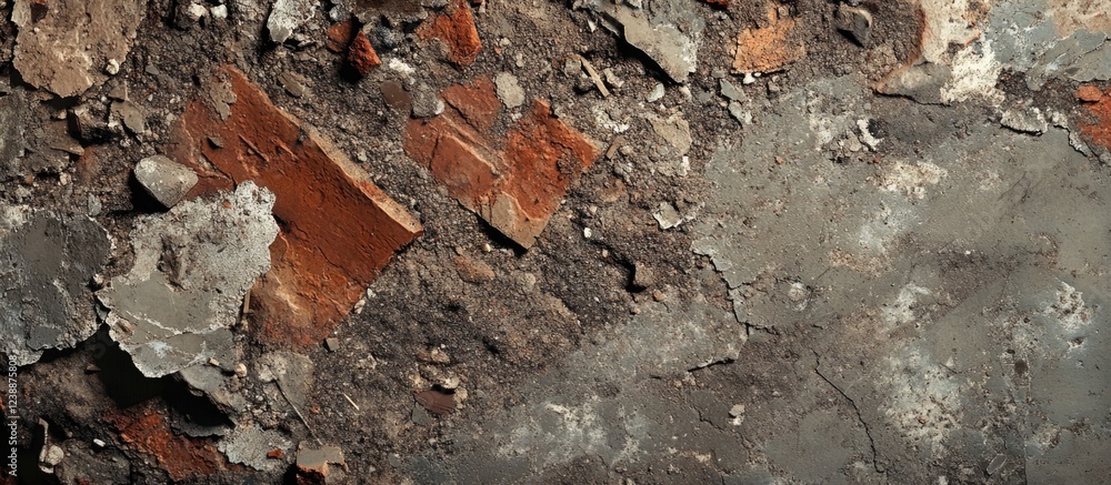 Poster texture of weathered wall with peeling paint bricks and scattered debris suitable for background use