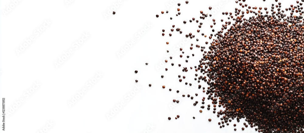 Poster brown mustard seeds arranged in a scattered pattern on a white background with ample copy space for 