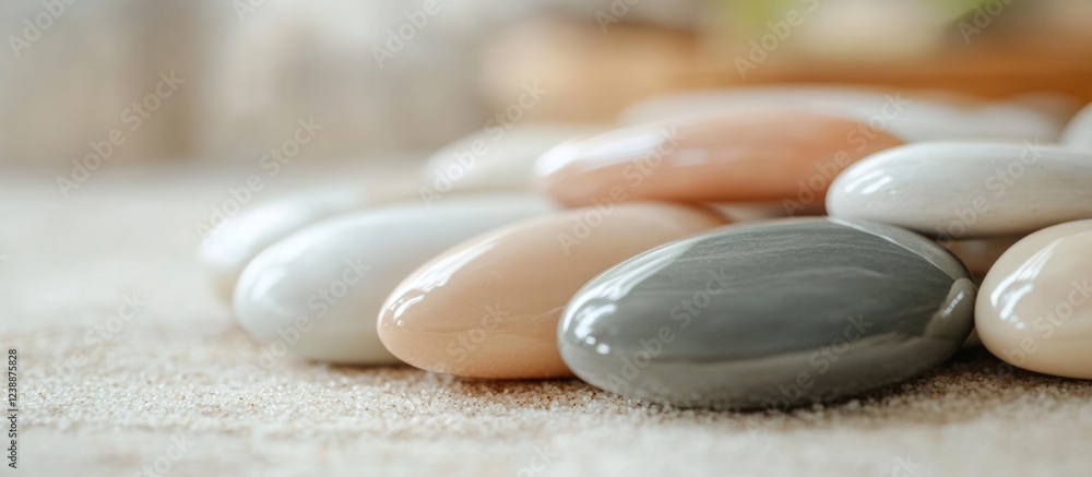 Aufkleber smooth polished stones arranged on soft surface with natural lighting neutral colors and subtle text