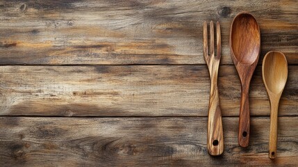 Wooden kitchen utensils on rustic wood background with ample copy space